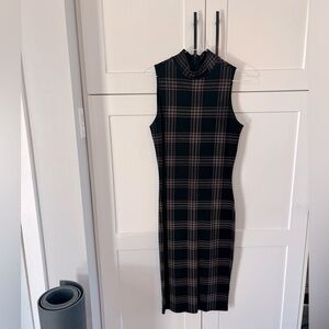 Mock neck bodycon black plaid dress